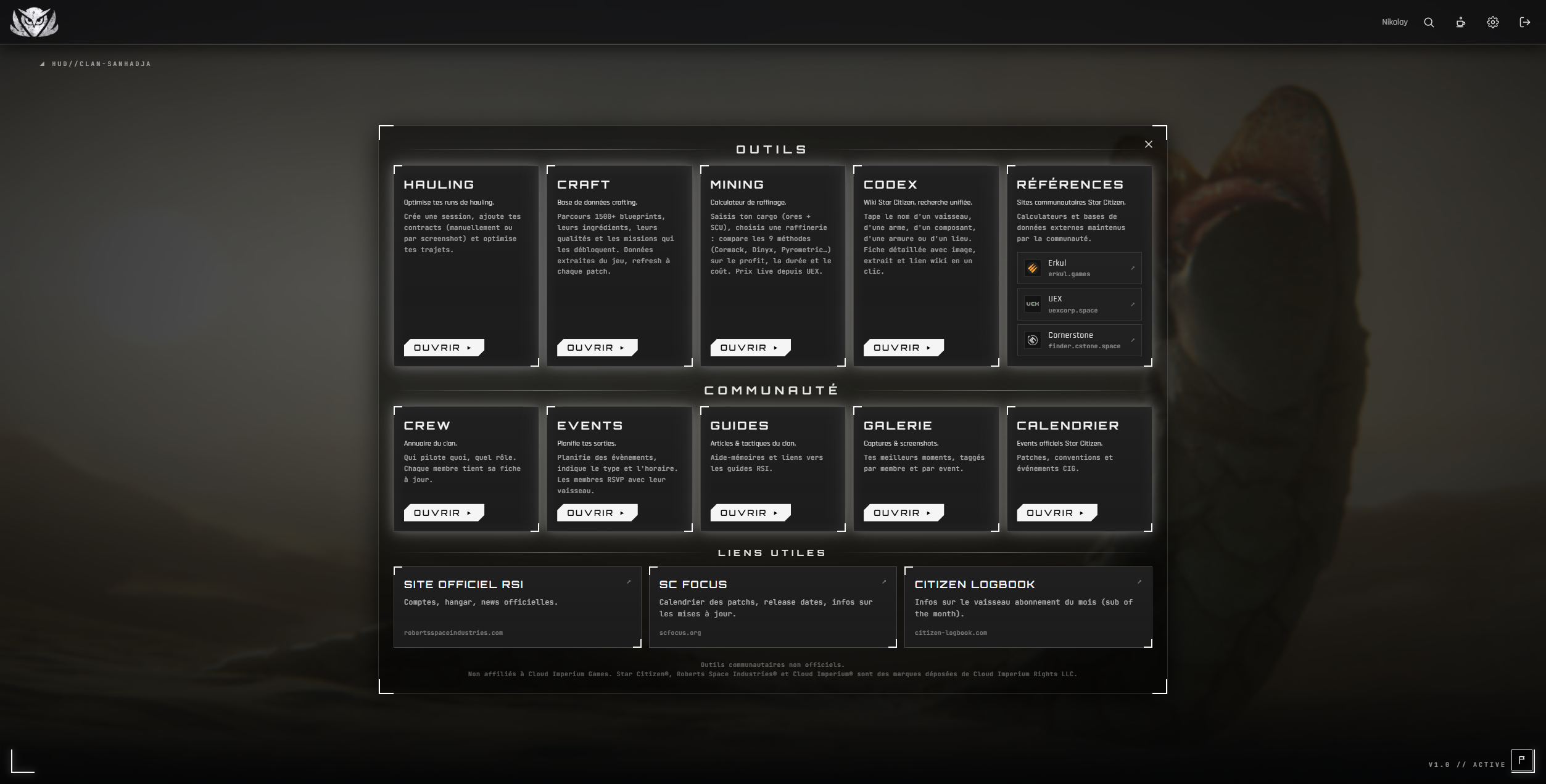 Menu de l'application